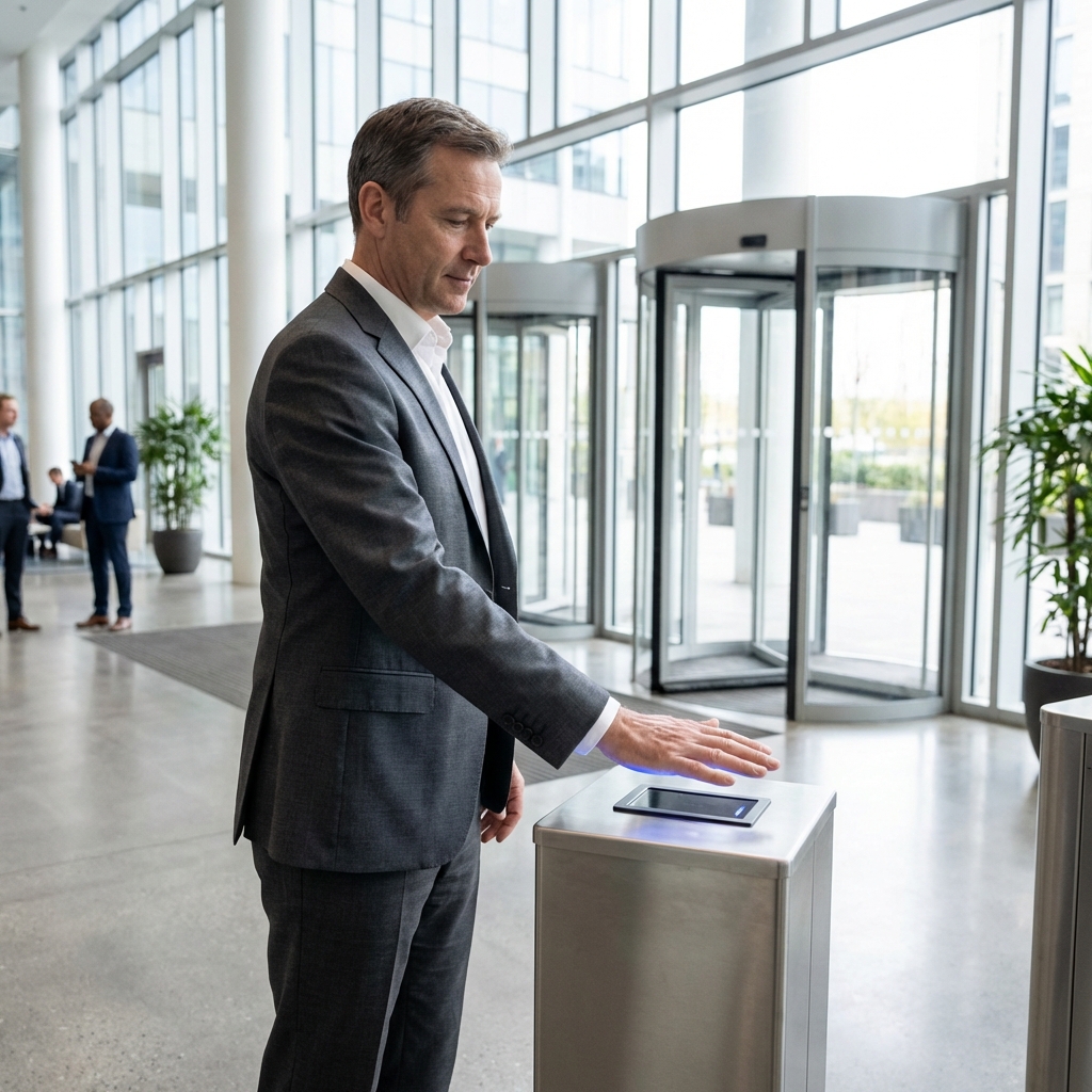 Businessman using BIOPIA for building access